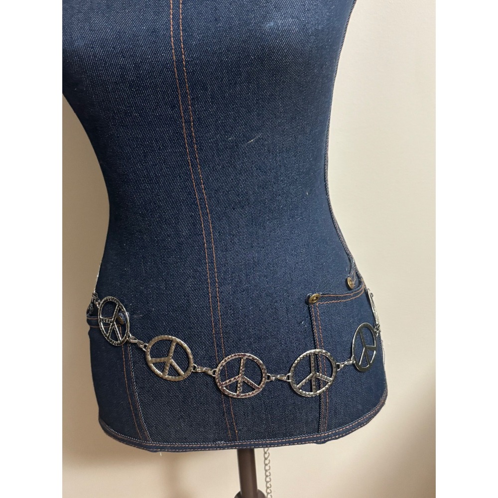 Vintage Silver Tone Hammered Peace Sign Chain Belt Adjustable Boho Hippie 49in